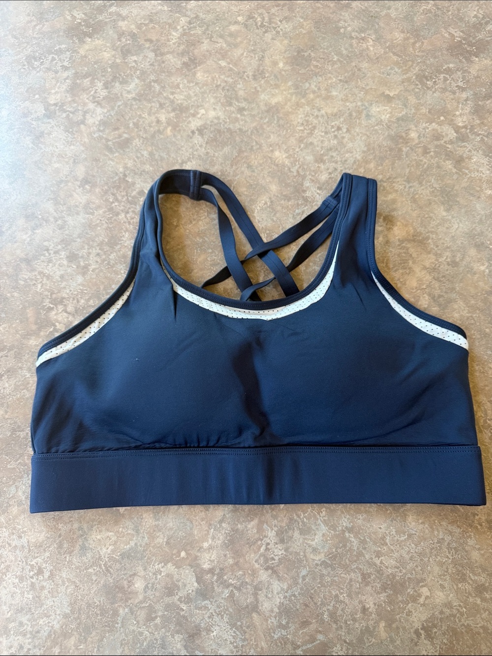 Navy Crisscross Strappy Sports Bra with White Trim - NWT
